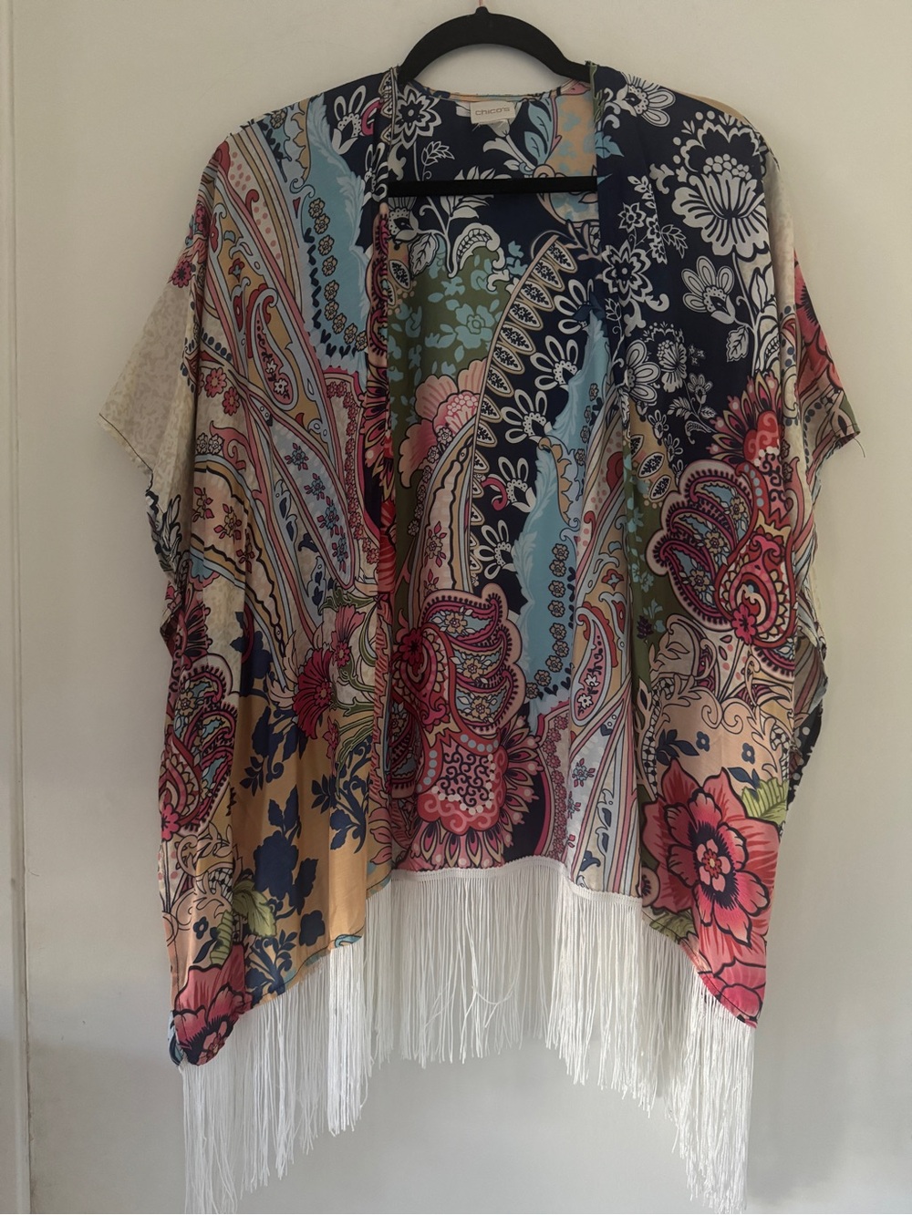 EUC Chico’s Silk/Modal Fringe Oversized Kimono S/M